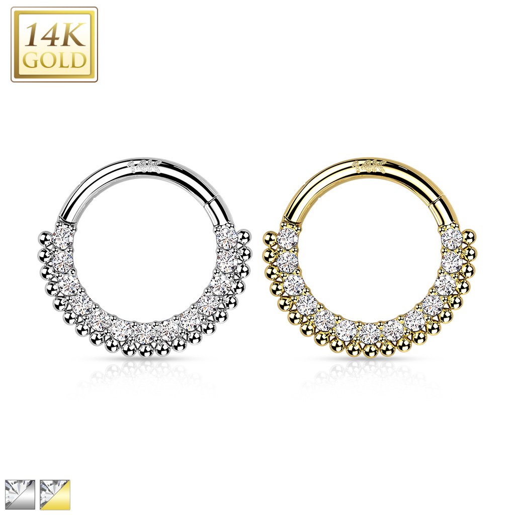 14k Gold Hinged Segment Hoop Rings With Lined Cz And Balls